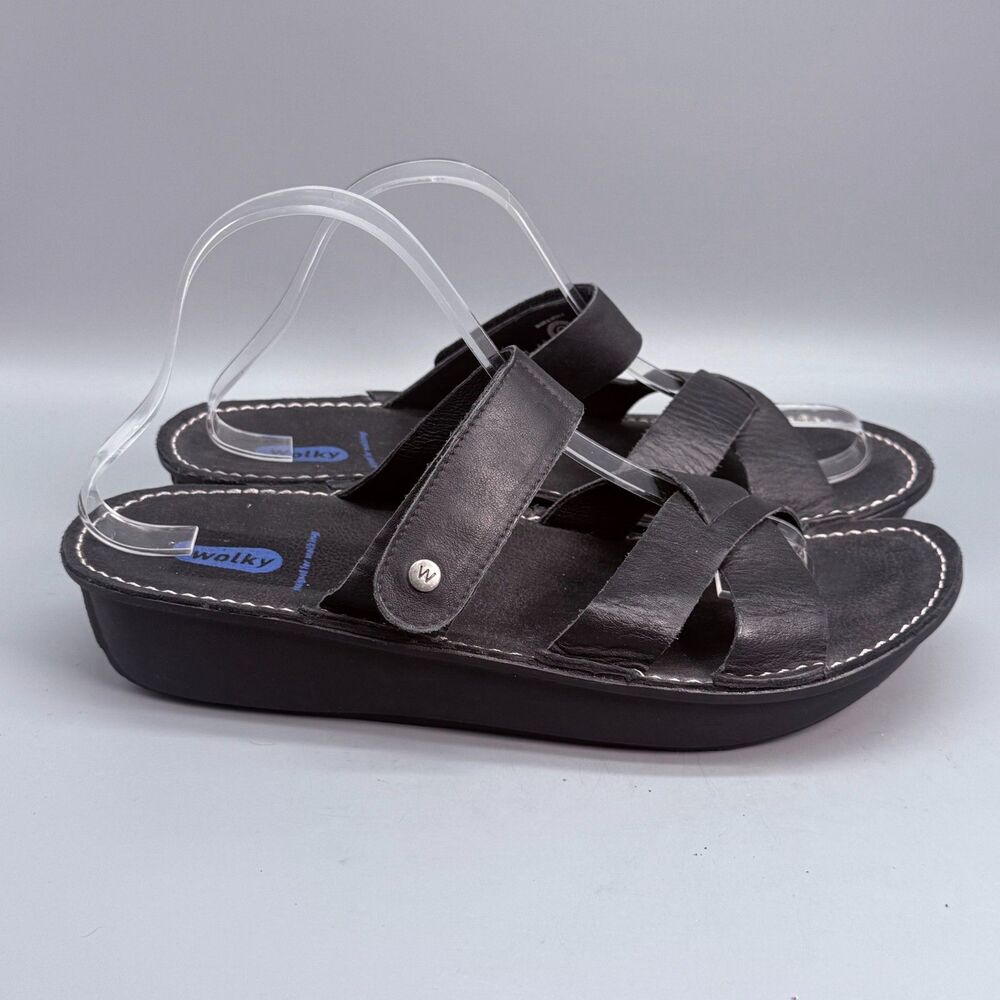 Wolky Womens 9 Black Leather Crisscross Strap Slip on Slide Strappy Sandals Shoe